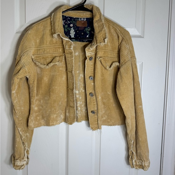 POL Mustard Corduroy Cropped Jacket Small‎ Raw Hem Floral Lining Grunge Shacket - Picture 1 of 9